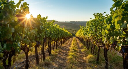 Naklejka premium Beautiful vineyard with ripe wine grapes glowing in early morning light