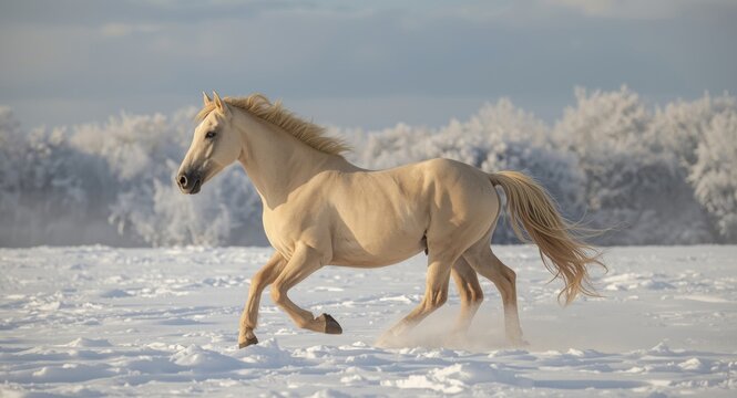 Elegant perlino stallion trotting through snowy winter landscape