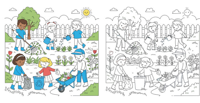 Cute vector illustration of happy diverse children gardening together, raking leaves watering plants and recycling trash, educational cartoon