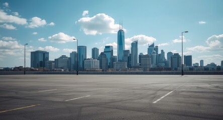 Obraz premium Empty parking lot with skyscraper cityscape in the background
