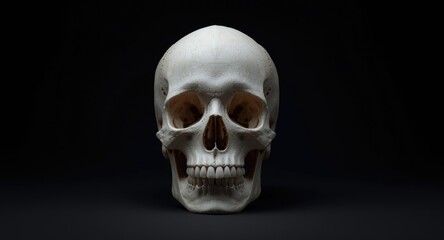 Fototapeta premium Front view of a human skull on a dark silent backdrop created with AI generation tools