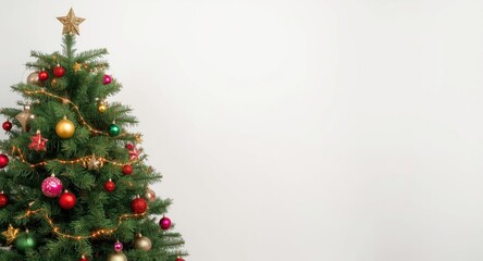 Naklejka premium Decorated fir tree Christmas backdrop with open copy space from a top viewpoint