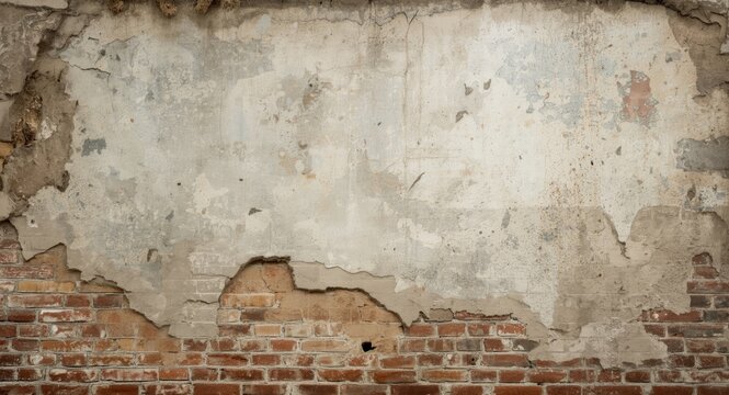 Aged and distressed wall texture with exposed bricks and fragmented plaster for artistic background usage with copy space