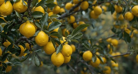 Lemon tree branches heavy with ripe lemons made by AI
