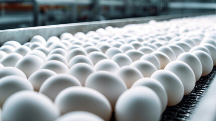 Obraz premium White chicken eggs are moving on a conveyor belt in a food production facility. The scene shows the process of handling fresh eggs in a busy environment