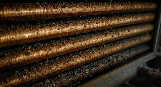 Heat exchanger exterior showing sediment on copper tubes in maintenance scenario