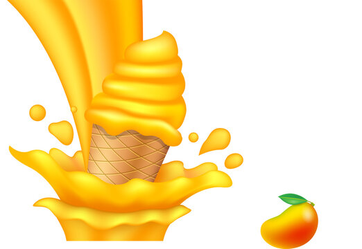 orange ice cream con and juce splash isolated on white background, Aerial perspective of lively orange ice cream in a waffle cone, set against a bright orange background. This colorful scene captures 