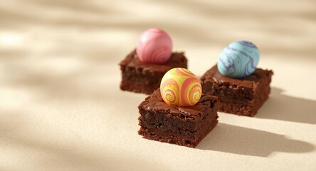 Naklejka premium Colorful Easter egg topped mini brownies placed on a light toned surface for display