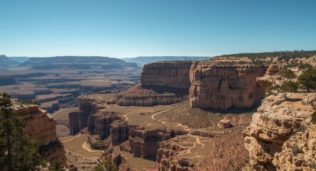 Broad vista showing uneven towering cliffs