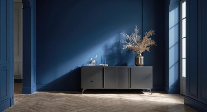 entryway interior with modern cabinet and rich blue colored walls