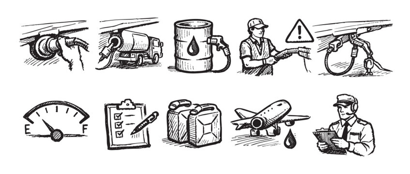 A collection of hand-drawn icons depicting aviation fueling, fuel services, and related professions. Perfect for illustrating articles, websites, or presentations on aviation, fuel industry topics.