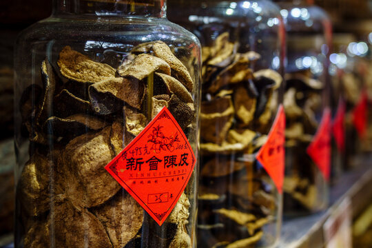Xinhui Chenpi dried mandarin peels,, Jinli Ancient Street,  shopping street with Chinese lanterns, Wuhou Shrine Complex , Chengdu,  Sichuan,  China