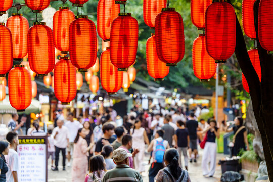 Jinli Ancient Street,  shopping street with Chinese lanterns, Wuhou Shrine Complex , Chengdu,  Sichuan,  China