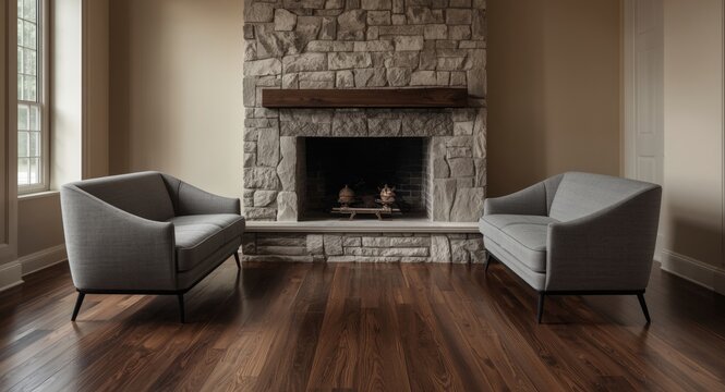 Chic interior design with gray seating and stone hearth surrounded by hardwood flooring