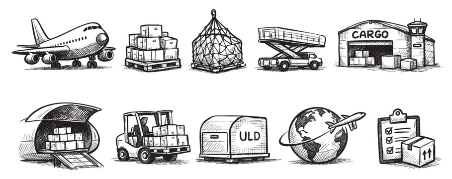 Air Cargo Transportation Sketch Icons: Global Logistics Concept