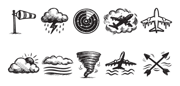 Hand-drawn set of weather-related and aviation icons in black ink on white. Includes windsock, storm, radar, airplane. Great for weather, travel, aviation themes.