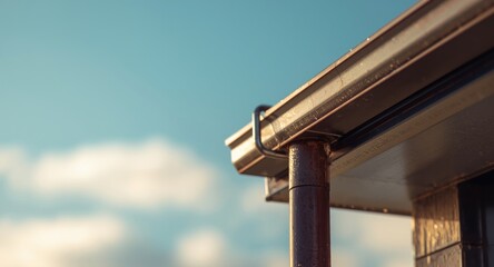 Gutter and rainwater pipe attached to coated metal roof panel under sunny conditions