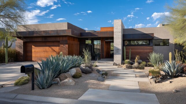 Modern, single-story home with a flat roof, wooden garage doors, and xeriscaping in the yard