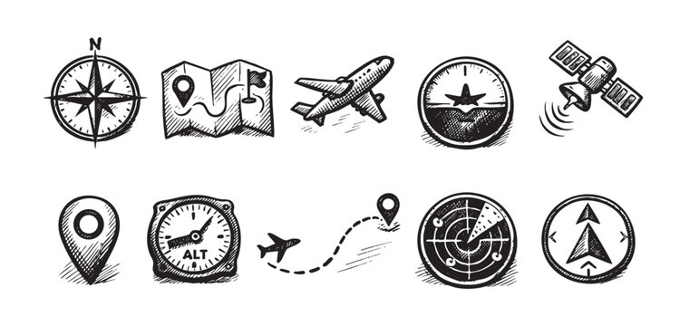 A collection of hand drawn travel icons including compass, map, plane, altitude, radar, satellite, navigation. Perfect for adventure, exploration, or travel related designs.