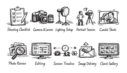 Fototapeta premium Hand-drawn style icons depicting the photography workflow, from preparation to final delivery. Includes camera, lighting, editing, client gallery, and other steps. Use for blogs and education.