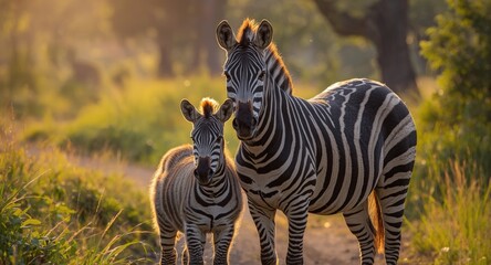 Naklejka premium A blurry snapshot of a cheerful mother zebra and her young one on a sunlit path