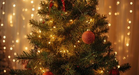 Naklejka premium Holiday scene with Christmas ornament on fir tree glowing in warm light haze