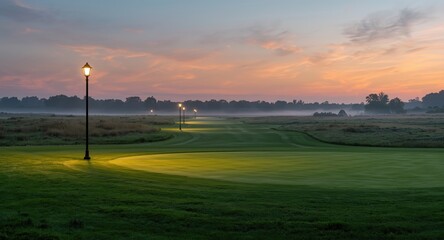 Gentle early morning golf course fairway lit by warm street lighting for leisure