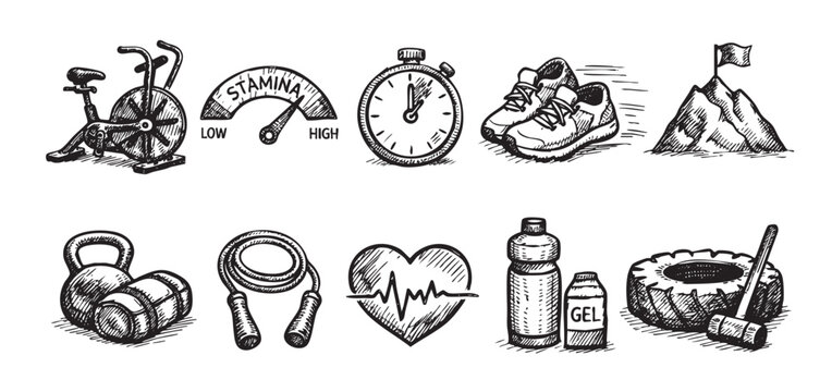 Black and white sketch of fitness elements including exercise bike, stamina meter, timer, shoes, mountain, weights, jump rope, heart, gel, and tire.