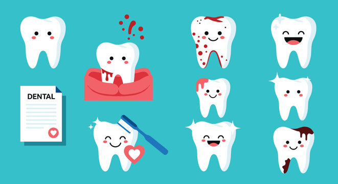Collection of cute cartoon dental characters showing various tooth conditions from healthy and clean to decayed and bleeding gums.