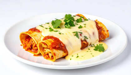Chicken Enchiladas with Red Sauce on Clean White Background