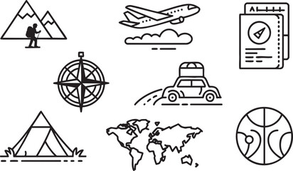 Travel and adventure icons on transparent background outline vector illustration