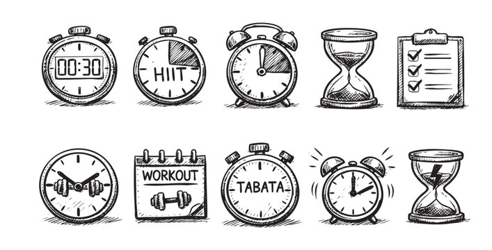 Hand drawn vector illustration of fitness timers: stopwatch, HIIT clock, Tabata timer, dumbbells, workout calendar, alarm clock, checklist, hourglass. For gym ads, schedule apps.