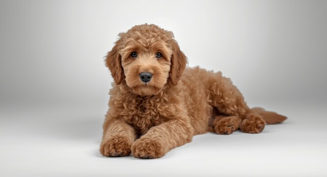 Australian labradoodle in a studio setting with a bright white background