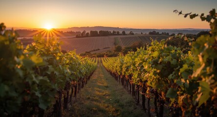 Naklejka premium Evening light over thriving vineyard acreage with ripe grapes and scenic farmland views