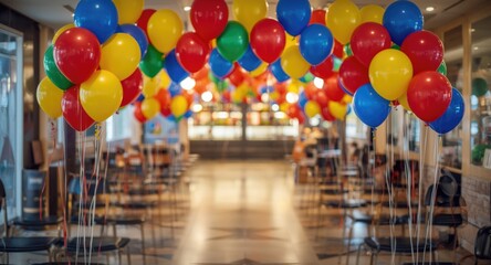 Naklejka premium Happy grand opening party featuring multi colored balloons and festive theme
