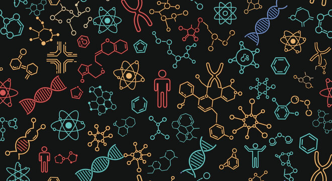 Intricate dark background pattern featuring colorful scientific symbols including DNA molecules atoms and silhouettes for educational themes.