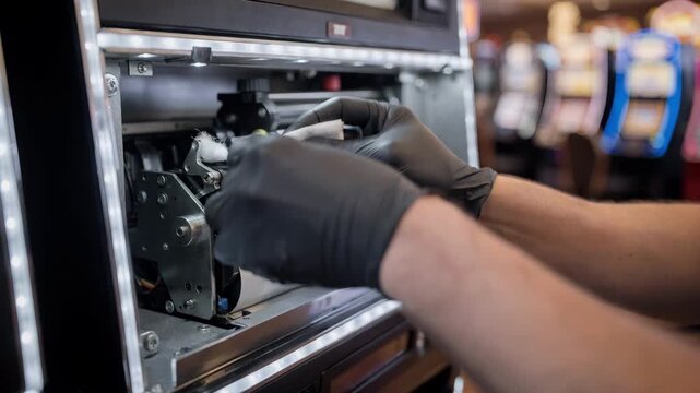 Focused view of a ticketin ticketout system printer inside a slot floor machine being cleaned by a technician surrounding slots are blurred.