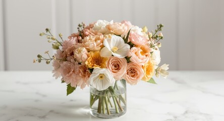 Obraz premium A charming floral arrangement featuring mixed blooms on a bright white tabletop