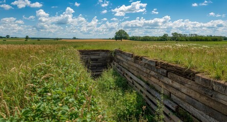 Obraz premium Civil War fortification trench covered in thick vegetation with farmland under a sunny blue sky