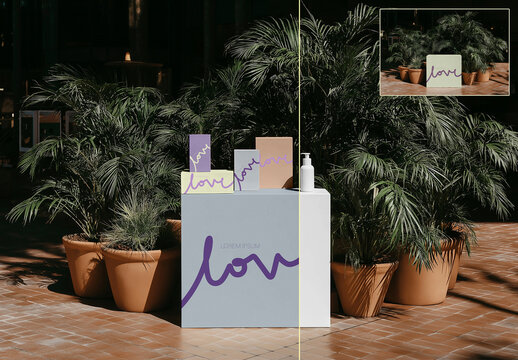 Outdoor Product Display Podium Mockup with Tropical Plants