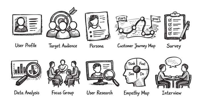 Hand-drawn style illustration showcasing methods for understanding customers. Includes user profiles, journey mapping, empathy maps, and interviews. Great for marketing, UX design, and business.
