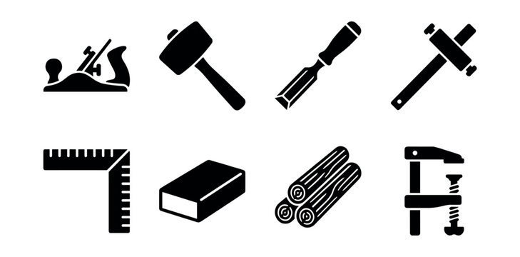 Woodworking tools silhouette icon set