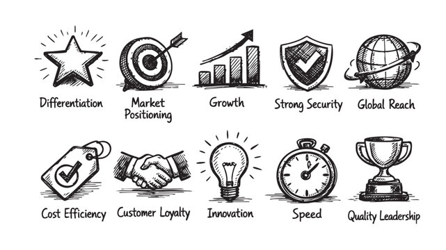 Set of business strategy, performance and growth icons as hand drawn doodle sketches. Depicts concepts like market position, innovation, security, speed, and leadership.