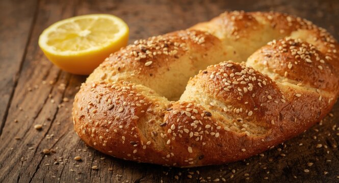 Detailed shot of traditional pane e panelle with lemon and sesame on wood
