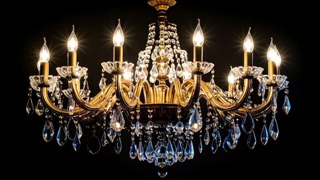 Ornate gold chandelier with lit, flame-shaped bulbs, crystal drops against a black backdrop