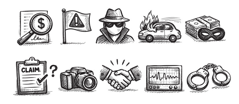 Insurance fraud investigation icons and elements. Hand drawn sketch illustration of common crimes like arson, masked robbery, shady deals and false claims. Use for blogs, articles, presentations.