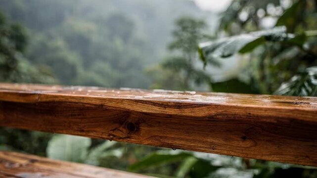 Close view of handcrafted wooden ecocabin deck railing surrounded by green jungle leaves and mountain mist out of focus emphasizing natural architecture.