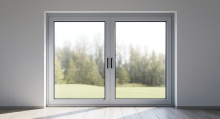 Fototapeta premium Contemporary double glazed window with aluminum frame offering bright natural outdoor view and broad copy space for advertising