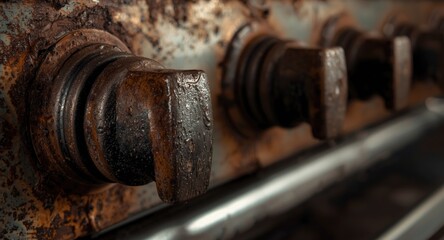 Intense focus on burnt and greasy knobs of an old stove with grime buildup