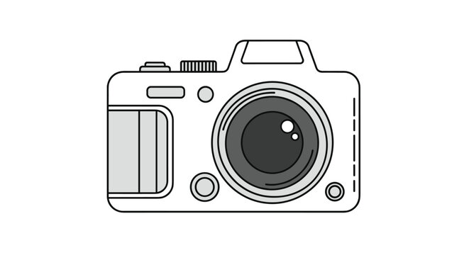 Simple line drawing of a modern digital camera in shades of grey and white with realistic lens details for photography and media themes.